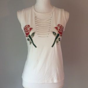 NWOT Embellished Rose biker tank